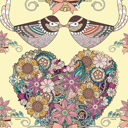 Retro background of love birds on heart made of colorful flowersのイラスト素材