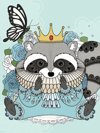adorable raccoon in gorgeous clothes - adult coloring pageのイラスト素材