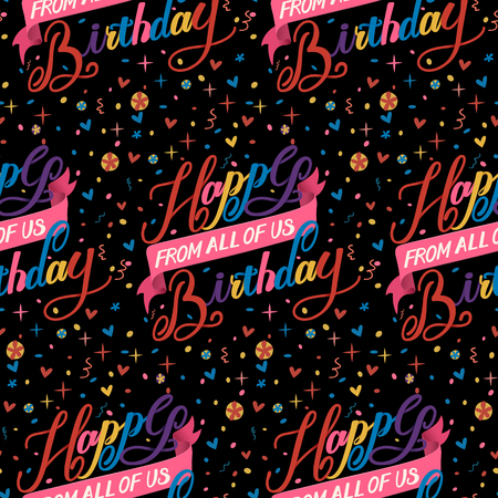 Seamless pattern of handwritten happy birthday calligraphy design on black backgroundのイラスト素材