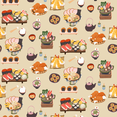 Japanese delicious meal seamless pattern in flat styleのイラスト素材