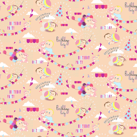 Seamless pattern of birthday party decorations with kids on orange backgroundのイラスト素材