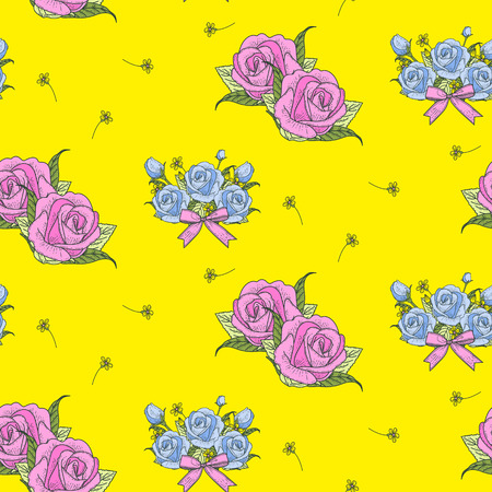 Retro seamless hand drawn rose pattern over yellow backgroundのイラスト素材