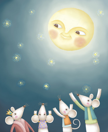 Mouse admire the moon together. Adorable illustration in hand drawn styleの写真素材