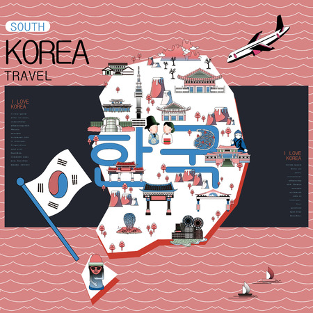 Korea travel map design - Korea written in Korean wordsのイラスト素材