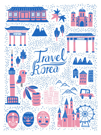 modern Korea travel poster design in pink and blueのイラスト素材