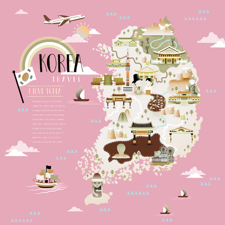 Korea travel map design with attractions over pink backgroundのイラスト素材