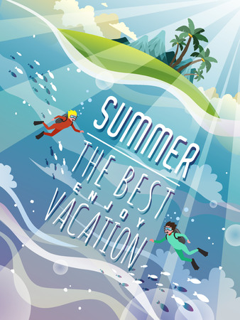Breathtaking summer poster design - underwater world with scuba diverのイラスト素材