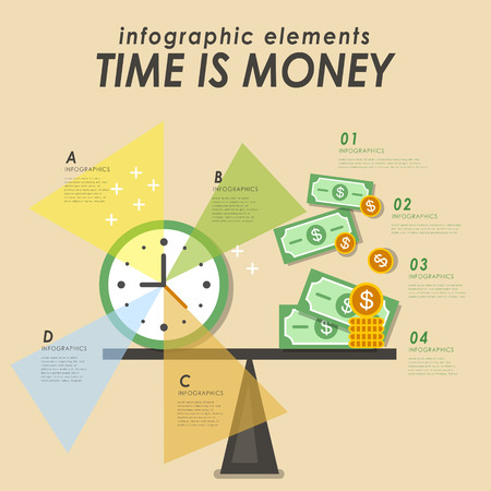 Time is money flat design with clock and money on a seesawのイラスト素材