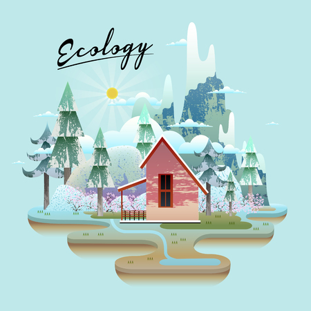 Ecology concept design, beautiful snow woodland with red houseのイラスト素材