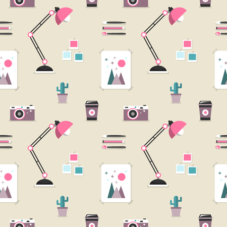 Stationery seamless pattern, lovely office supplies in flat styleのイラスト素材