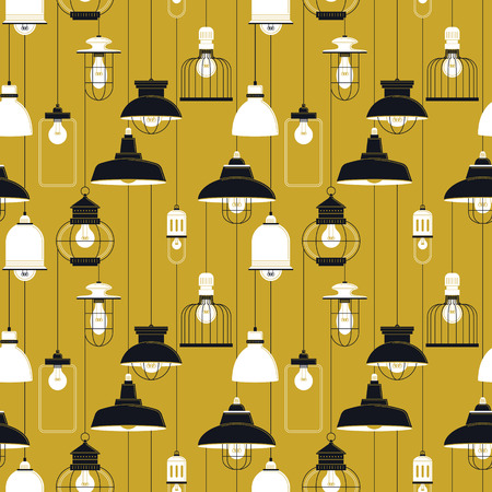 Ceiling lamp seamless pattern, diverse lamps in retro styleのイラスト素材