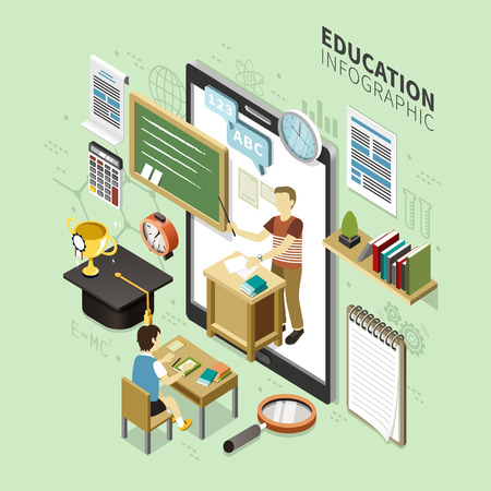 Online Education infographic design, 3d isometric style with learning lessons on deviceのイラスト素材