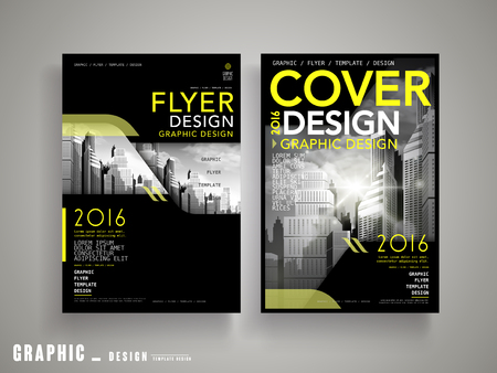 Modern Flyer or Cover Design with grey city landscape and yellow, black elementsのイラスト素材