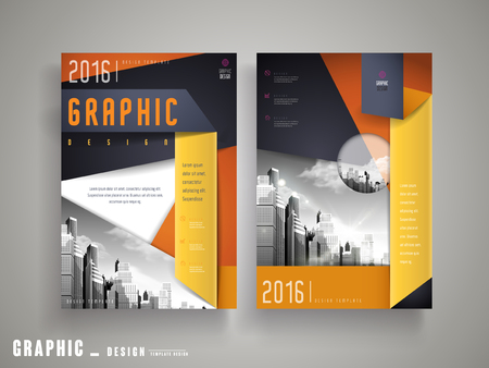 Flyer or Cover Design with attractive city landscape in grey and paper fold elementsのイラスト素材