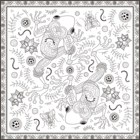Fantastic adult coloring page, top view of two frogs, decorative floral elements around them. Anti-stress pattern for coloring.のイラスト素材