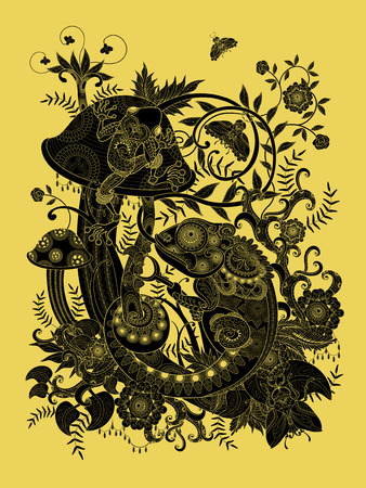 Gorgeous adult coloring page, frog and chameleon on mushroom, decorative floral elements around them. Golden and black tone.のイラスト素材