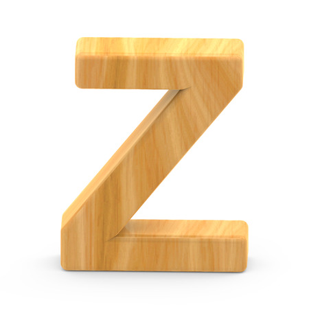 3D rendering wooden grain letter Z isolated on white background, light brown wooden grain, natural surface grainの写真素材