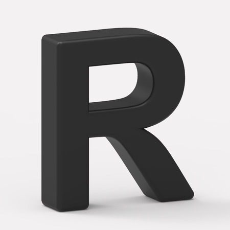 3d left leaning black letter R, 3D rendering graphic isolated white backgroundの写真素材