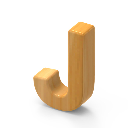 3D rendering wooden grain letter J isolated on white background, light brown wooden grain, right side top view fontの写真素材