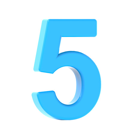 3d left leaning light blue number 5, 3D rendering graphic isolated white backgroundの写真素材