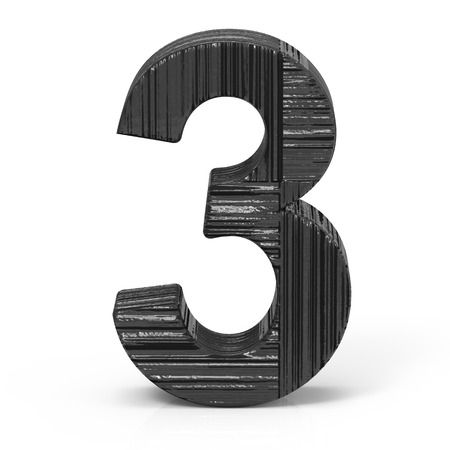 3d rendering black wooden number 3 isolated white backgroundの写真素材