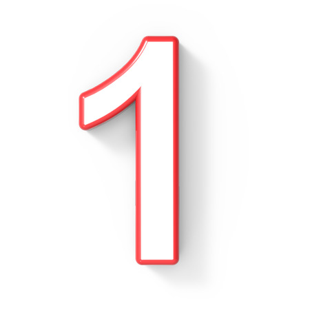 3d rendering white number 1 with red frame isolated on white background, 3d illustration, top viewの写真素材