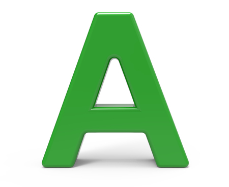 3d rendering green letter A isolated white backgroundの写真素材