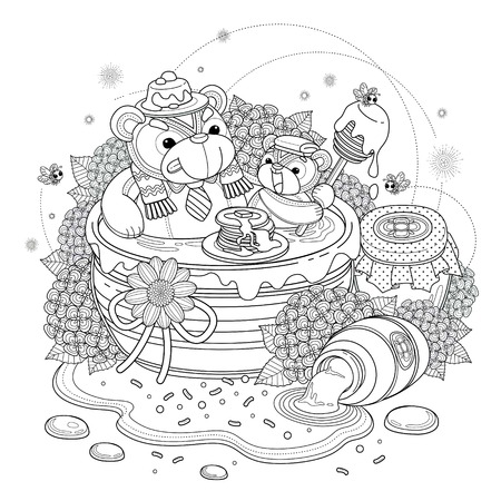 Lovely bear adult coloring page, bears enjoying sweet honey, hydrangea and honey jar elementsのイラスト素材