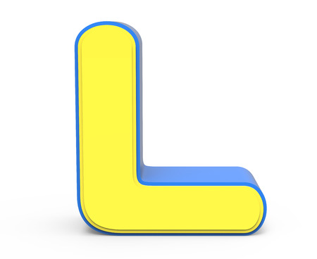 3d rendering cute yellow  letter L isolated white background, toylike alphabet for design, yellow word with blue frameの写真素材