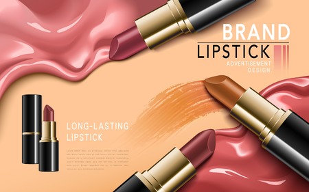 Glamorous lipsticks ads, elegant lipstick for makeup, pink texture on the background, 3d illustrationのイラスト素材