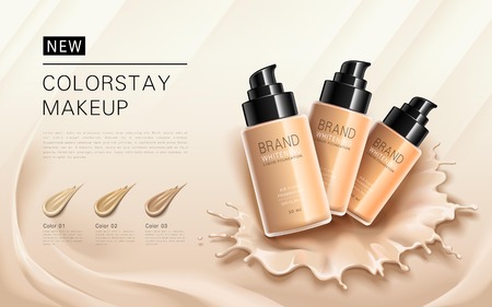 Elegant foundation ads, different skin tones for choose, liquid foundation splash effects on the background, 3d illustrationのイラスト素材