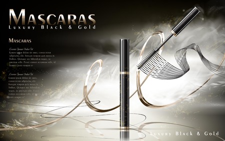Luxury mascaras ads, black and golden package with streamline, foggy background, 3d illustrationのイラスト素材