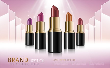 Makeup ads template, colorful lipstick mockup, pink background, 3d illustrationのイラスト素材