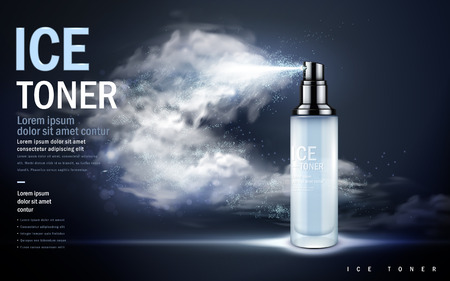 ice toner contained in light blue spray bottle, misty dark blue background, 3d illustrationのイラスト素材
