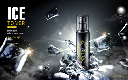 ice toner ad, contained in black spray bottle with ice cube elements, black background 3d illustrationのイラスト素材