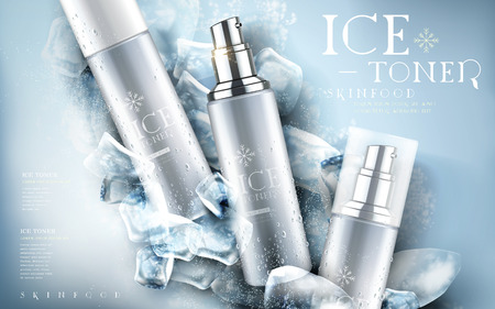 Illustration for ice toner contained in silver bottle, ice cube elements, 3d illustration - Royalty Free Image