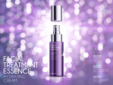 Glamorous cosmetic ads, facial treatment essence for annual sale or christmas sale. Purple spray bottle isolated on glitter particles. 3D illustration.のイラスト素材