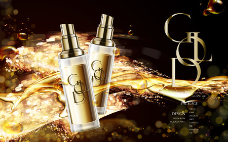 golden cosmetic package with logo, contained in spray bottle isolated on glitter background in 3d illustrationのイラスト素材