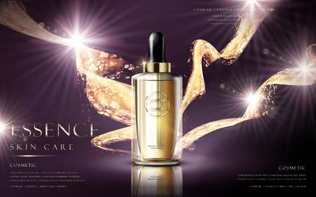 essence skin care contained in a droplet bottle on purple background in 3d illustrationのイラスト素材