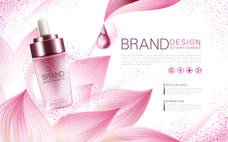 lotus essence concentrate product contained in a pink droplet bottle, with flower element and pink background, 3d illustrationのイラスト素材