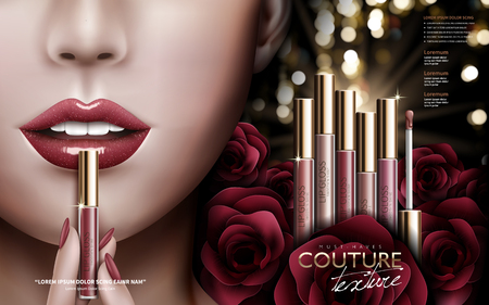 cosmetic lip gloss ad with several lip gloss and rose flower elements at right and colored lips at left, 3d illustrationのイラスト素材