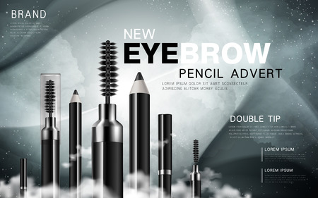 several black eyebrow pencil and mascara products, celestial background, 3d illustrationのイラスト素材