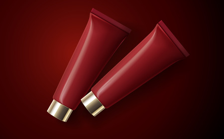 two red cosmetic tubes together, isolated red backgroundのイラスト素材