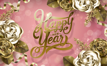17 Happy New Year Background With Golden Roses And Ribbons Pink Backgroundのイラスト素材 ストックフォト 写真素材のstock Foto ストックドットフォト