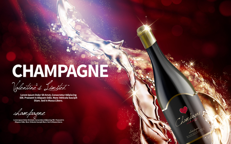 champagne contained in wine bottle with red flannel background, valentine's day limited special, 3d illustrationのイラスト素材