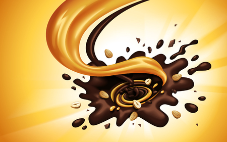 Liquid chocolate and caramel flow mixed in a whirlpool, orange background, 3d illustrationのイラスト素材