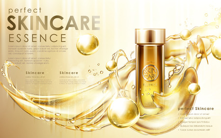Golden skincare product contained in glass bottle with golden flow effects, 3d illustrationのイラスト素材