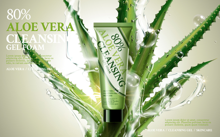 aloe vera cleansing foam, contained in green tube, with aloe and water flow elements, 3d illustrationのイラスト素材