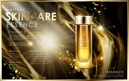 perfect golden skincare essence, contained in glass bottle, universe background, 3d illustrationのイラスト素材