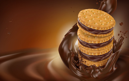 chocolate flow and cookie element, dark brown background, 3d illustrationのイラスト素材